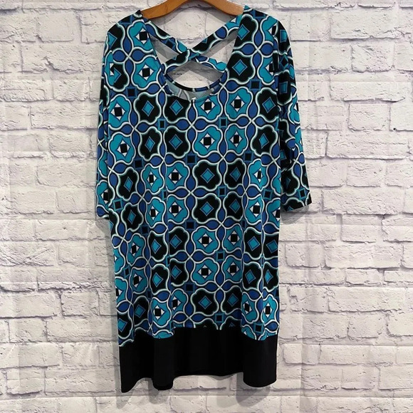 NY Collection Plus Size 1X Blue Green Shift Dress 3/4 Sleeves Stretchy Casual - Picture 2 of 7